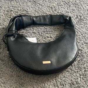 Black Crescent Shoulder Bag with Gold Logo Plate